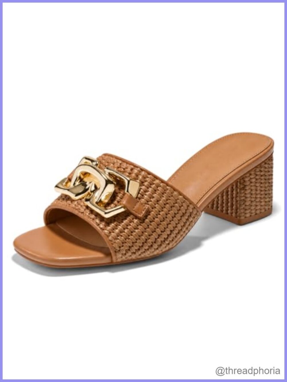 Raffia Slide Sandals Square Toe Block Heel Metal Chain Slip On